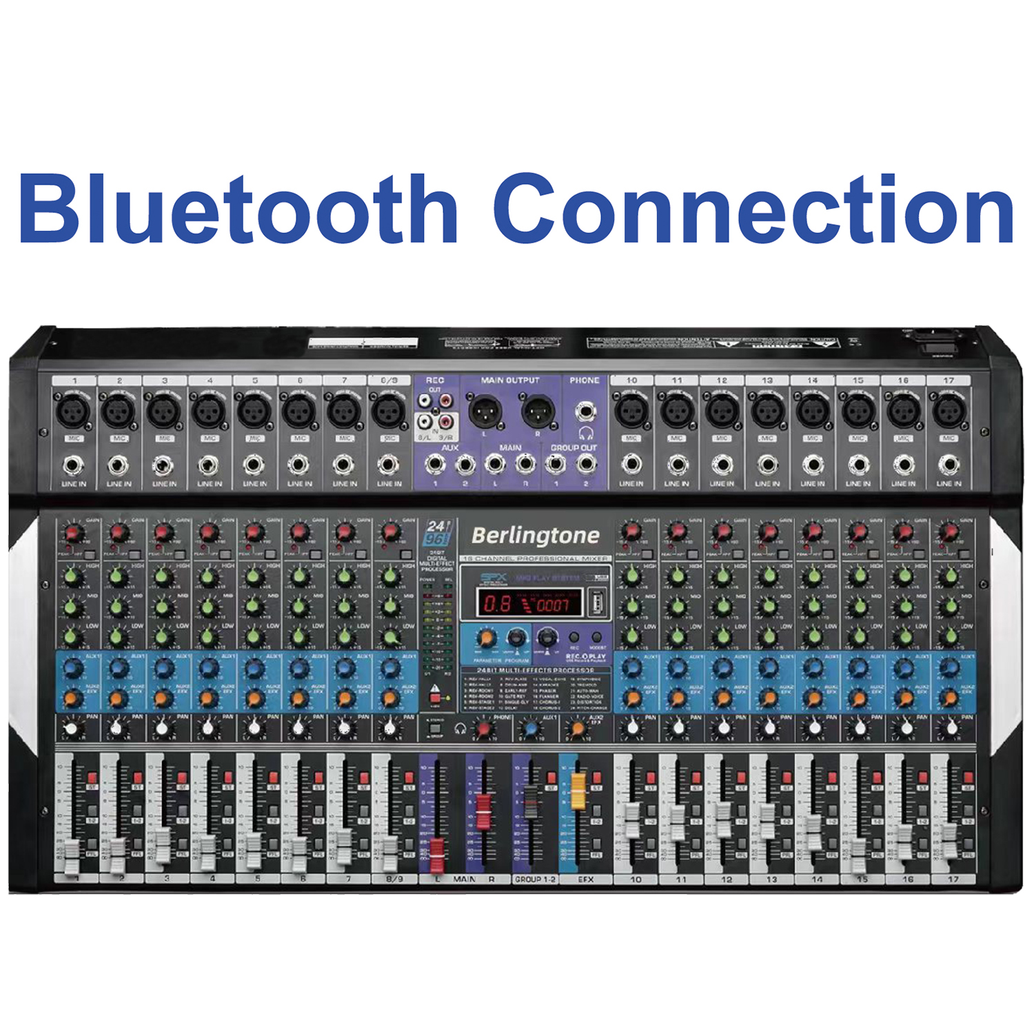 Berlingtone BR-16MX, 16 -Channel Professional Bluetooth Studio Audio Mixer  - DJ Sound Controller, USB MP3 Player, PC Recording