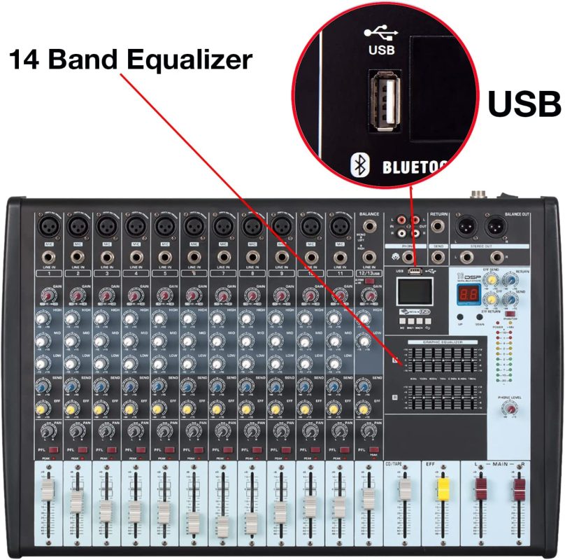 BT122MX, 12Channel Bluetooth Studio Audio Mixer DJ Sound Controller